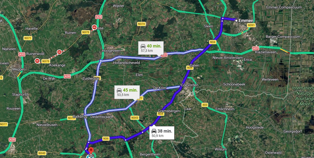 Route van Emmen naar Ommen 38 minuten