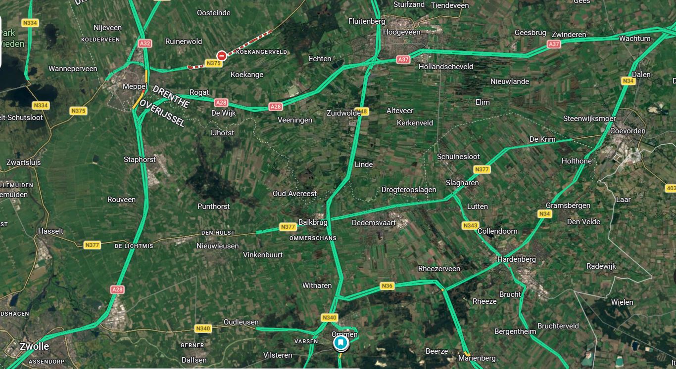 Kaart route Hoogeveen naar Ommen
