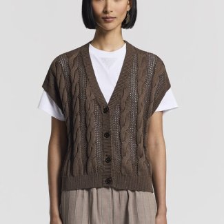 Peserico_spencer_gebreid_donkerbruin_korte_mouw_pantalon_zandkleur_zomer_2026_HB_MODE_1